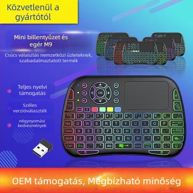 M9 mini vezeték nélküli billentyűzet érintőpad és IR tanuló távirányítóval – 88–98 billentyű, vezeték nélküli kapcsolat, RGB háttérvilágítás