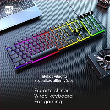 R8 vezetékes gamer billentyüzet, 104 billentyű, USB interfész, monokróm háttérvilágítás, ABS ház