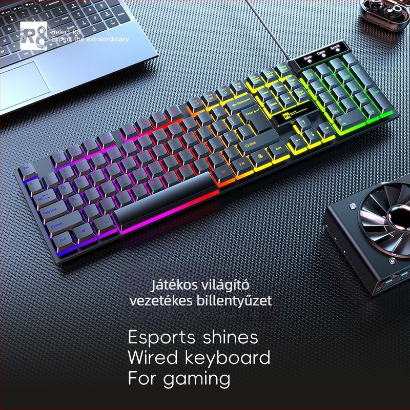 R8 vezetékes gamer billentyüzet, 104 billentyű, USB interfész, monokróm háttérvilágítás, ABS ház
