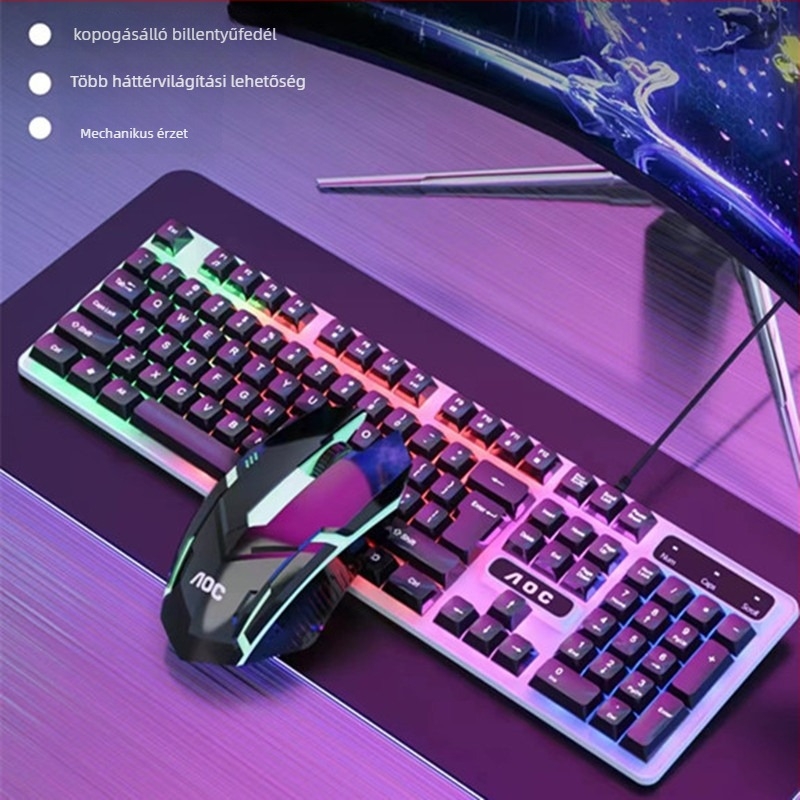 Kábeles billentyűzet és egér készlet: USB csatlakozás, optikai 1600dpi, ergonómikus kialakítás, méretek 443×133×26 mm