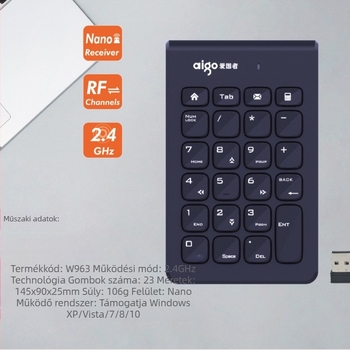 Patriot W963 Vezeték nélküli numerikus billentyűzet egér — USB, 1000 DPI, Ergonomikus, Ultra vékony 2.4G