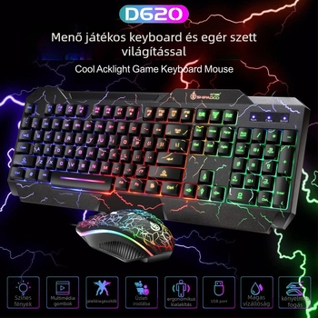 D620 játékos billentyűzet és egér készlet, USB-kábellel, 1600 DPI, háttérvilágítás, ergonómiai dizájn