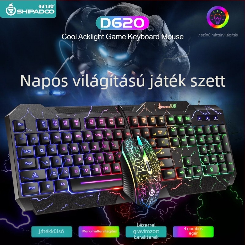 D620 játékos billentyűzet és egér készlet, USB-kábellel, 1600 DPI, háttérvilágítás, ergonómiai dizájn