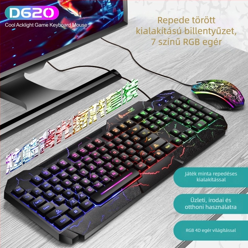 D620 játékos billentyűzet és egér készlet, USB-kábellel, 1600 DPI, háttérvilágítás, ergonómiai dizájn