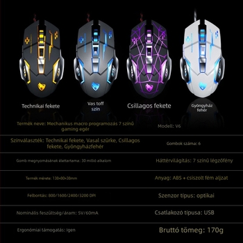Thunderwolf V6 játékegér, USB-kábeles, 3200 DPI, 6 gomb, 1,5 m kábel, optikai érzékelő