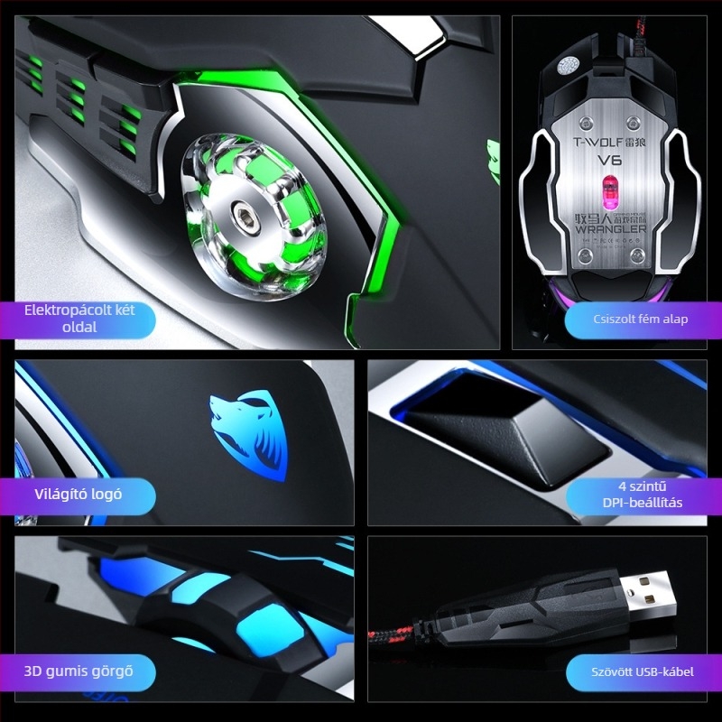 Thunderwolf V6 játékegér, USB-kábeles, 3200 DPI, 6 gomb, 1,5 m kábel, optikai érzékelő