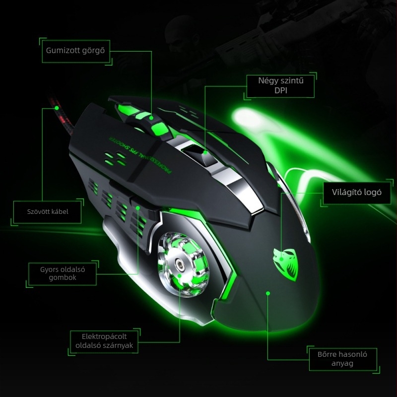 Thunderwolf V6 játékegér, USB-kábeles, 3200 DPI, 6 gomb, 1,5 m kábel, optikai érzékelő