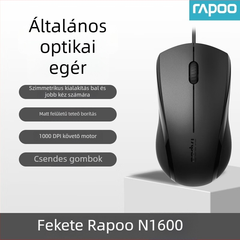 Rapoo N1600 optikai egér, kábeles USB, 1000 DPI, 3 gomb, ergonómikus