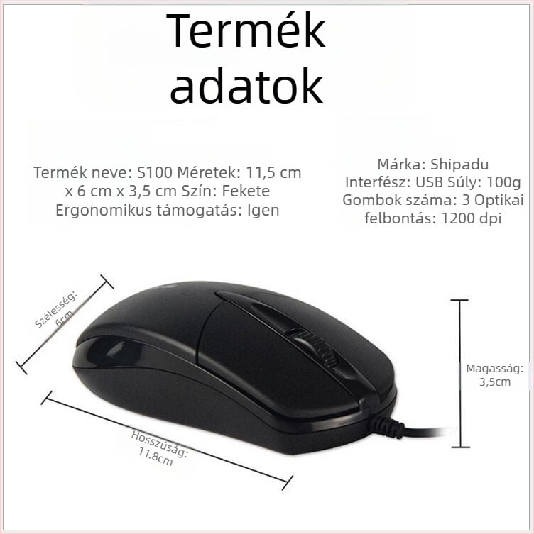S100 USB kábeles optikai egér, 3 gomb, 1000dpi