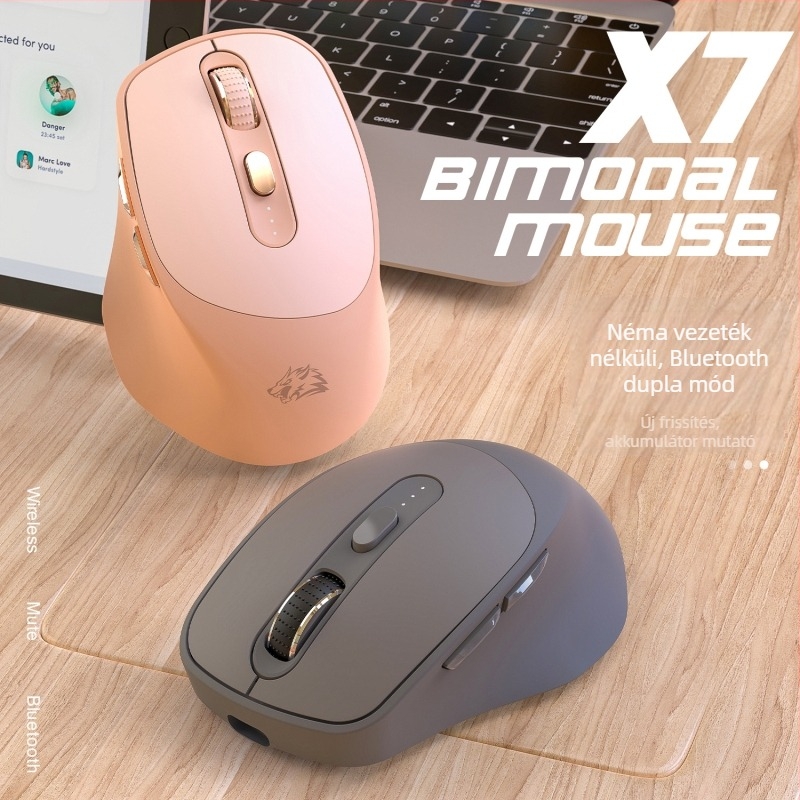 Freedom Wolf X7 vezeték nélküli egér, kettős mód Bluetooth és 2,4 GHz kapcsolattal, optikai érzékelő 4000 DPI, 7 gomb, újratölthető, csendes