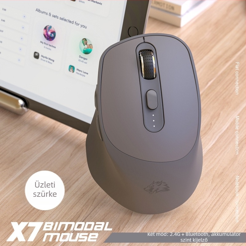 Freedom Wolf X7 vezeték nélküli egér, kettős mód Bluetooth és 2,4 GHz kapcsolattal, optikai érzékelő 4000 DPI, 7 gomb, újratölthető, csendes