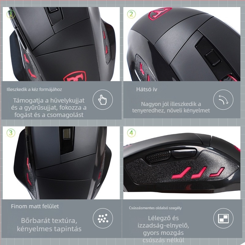 Optikai, vezetékes gamer egér 3500 DPI-vel, 7 gombbal, USB interfész, 4-utas görgő, ergonómikus kialakítás
