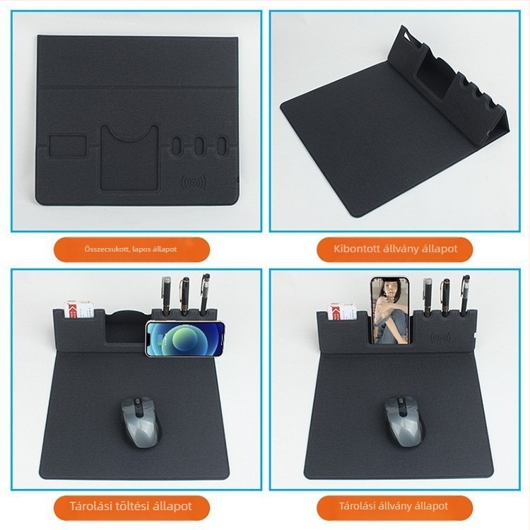 Összecsukható tolltálcás vezeték nélküli töltésű egérpad, 15W töltés, PU anyag, japán minimalista stílusú íróasztali matt, 300×300×80 mm