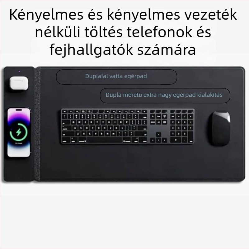 Vezeték nélküli töltésű egérpad, 2-in-1, dupla rétegű PU bőr asztali pad, csúszásmentes, OEM testreszabás