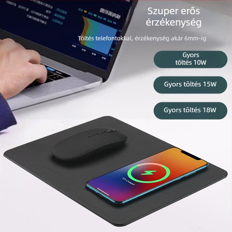 Vezeték nélküli töltésű egérpad USB hubbal, bőr felülettel, egyoldalas, OEM feldolgozás, modell WXC