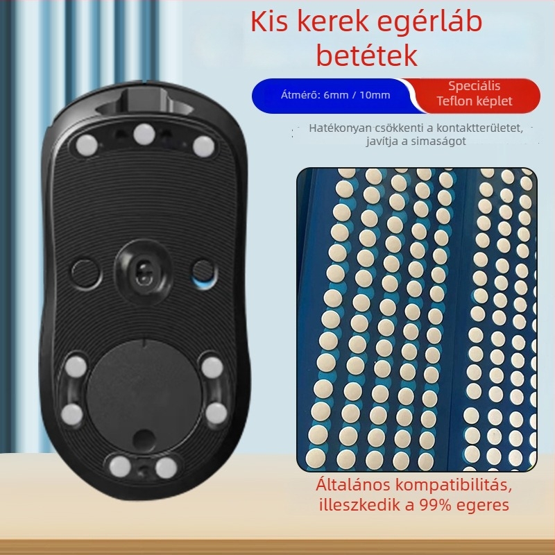 Teflon egér talp matricák, kerek pötty alakúak, minden modellhez, csúszásmentes és kopásálló, 0,6 mm vastagság (ragasztóval együtt 0,8–1,0 mm), 6,5 mm széles, megmunkálásos eljárás, OEM feldolgozás