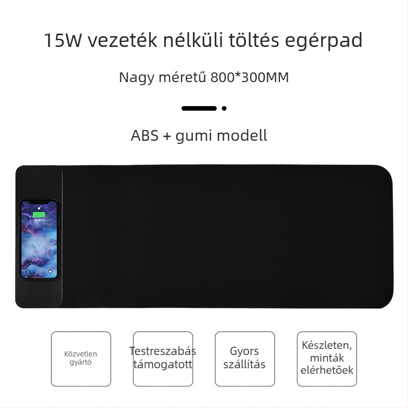 Nagy gumírozott egérpad, 15W vezeték nélküli töltés, csúszásmentes, egyoldalas, logó nyomtatás