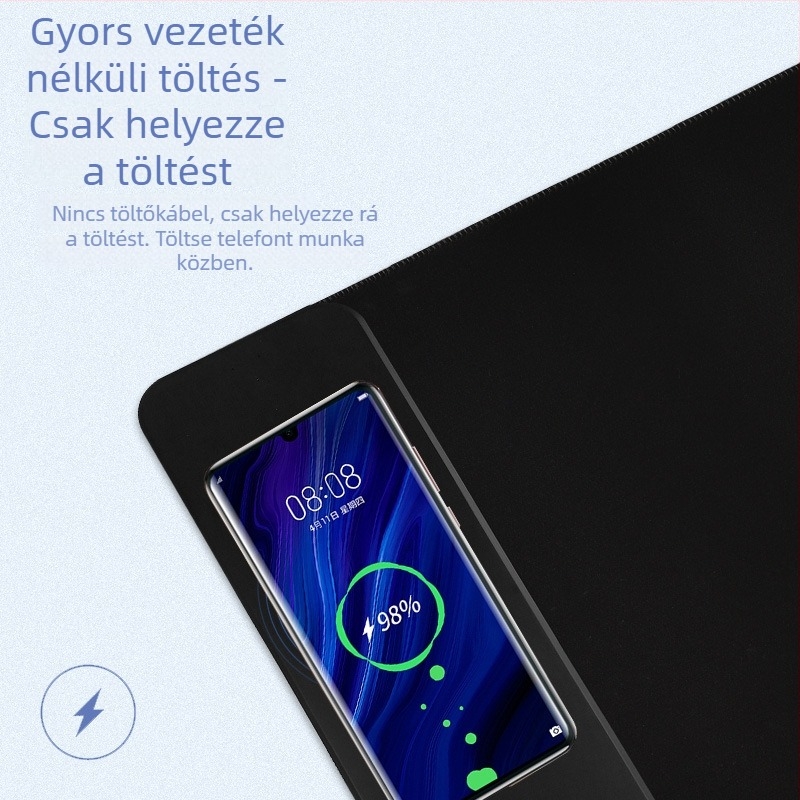 Nagy gumírozott egérpad, 15W vezeték nélküli töltés, csúszásmentes, egyoldalas, logó nyomtatás