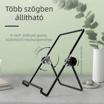 Asztali háromszög alakú fém tartó iPadhez, okostelefonokhoz és táblagépekhez; összecsukható, forgatható, tömeg 0,12 kg