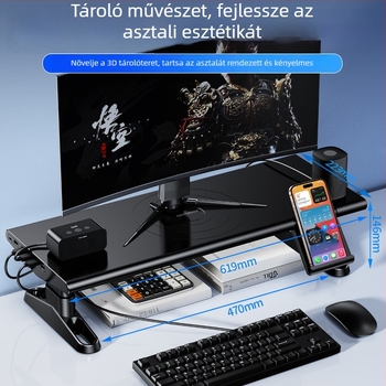 Emelhető asztali monitorállvány dokkoló állomással és gyors töltéssel a telefonhoz – ABS, modell 05677, tömeg 2,225 kg, kábelhossz 1,5 m, megjelenés 2025 tavasza