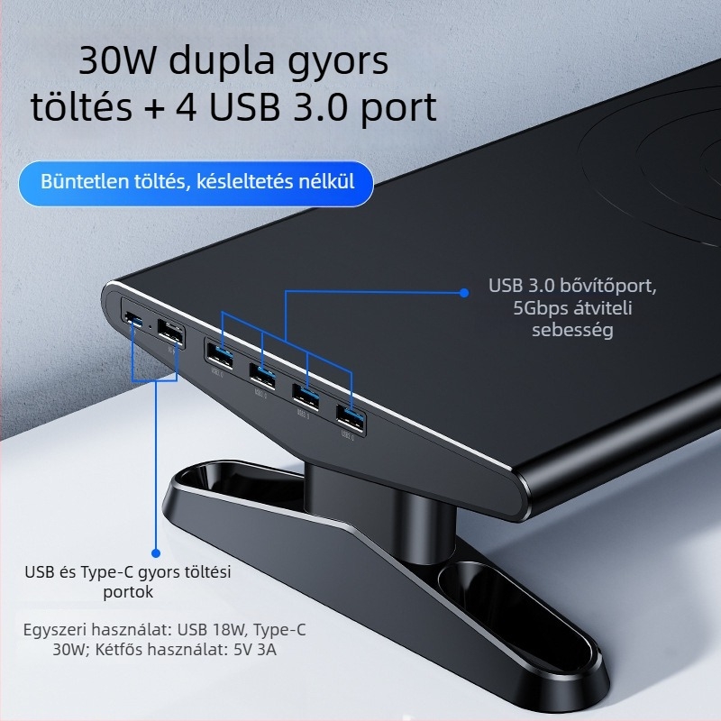 Emelhető asztali monitorállvány dokkoló állomással és gyors töltéssel a telefonhoz – ABS, modell 05677, tömeg 2,225 kg, kábelhossz 1,5 m, megjelenés 2025 tavasza