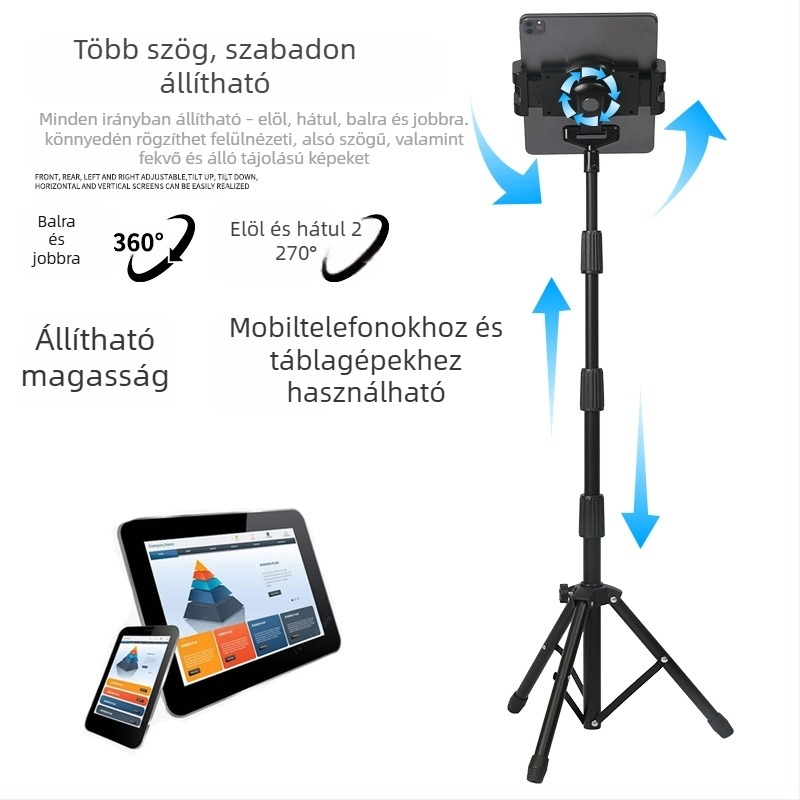 Többfunkciós, állítható háromlábú állvány iPadhez, 14 hüvelykes tabletekhez és telefonokhoz