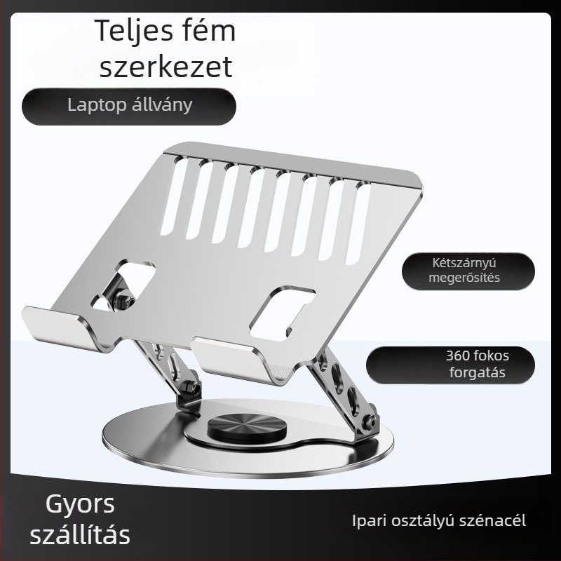 360°-os forgatható laptop állvány, összecsukható fém kivitelben