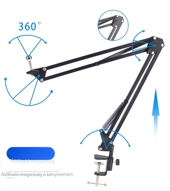 Mankas asztali tartó telefonra/tabletre, 360° fém cantilever, foldable teleszkópos kar, iPad kompatibilis, élő közvetítéshez