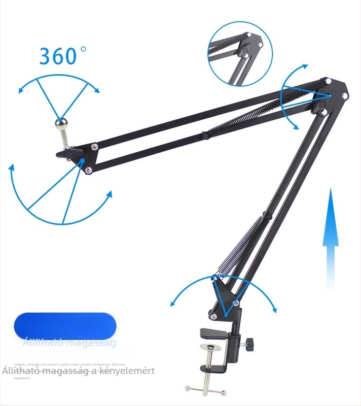 Mankas asztali tartó telefonra/tabletre, 360° fém cantilever, foldable teleszkópos kar, iPad kompatibilis, élő közvetítéshez
