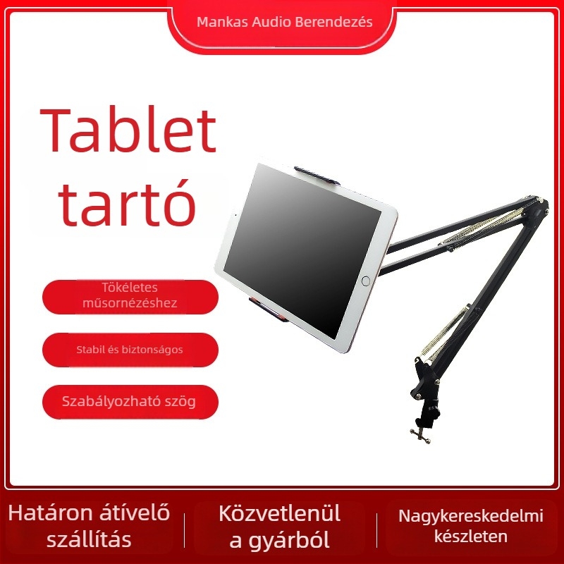 Mankas asztali tartó telefonra/tabletre, 360° fém cantilever, foldable teleszkópos kar, iPad kompatibilis, élő közvetítéshez