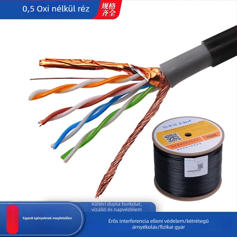 SFTP kültéri kétoldalúan árnyékolt Cat5e hálózati kábel, 0,5 mm tiszta réz maggal, 100 Mbps, külső kettős burkolattal