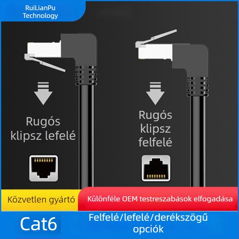 CAT6 Ethernet patch kábel 90°-os hajlított csúcs, twisted pair, RJ-45, beltéri, gigabites