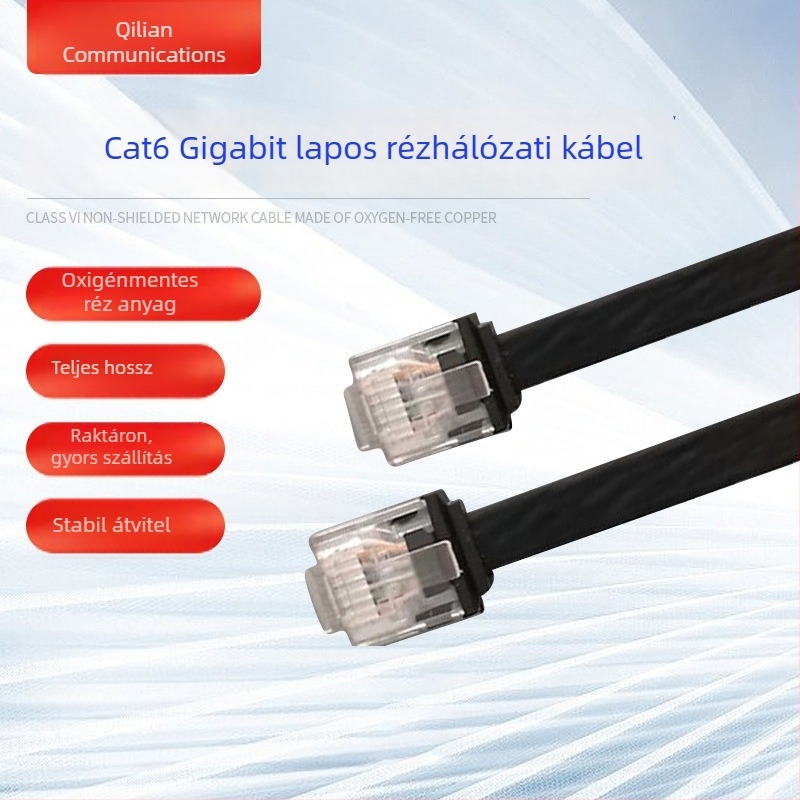 Cat6 vékony, árnyékolás nélküli hálózati kábel, lapos kivitelben, 1000 Mbps, oxigénmentes réz, RJ-45 csatlakozó, beltéri használatra