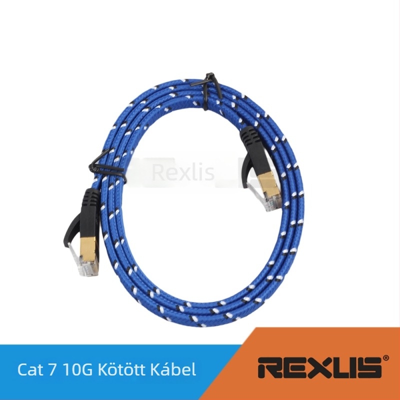 Cat7 sík, fonott, kettős árnyékolású hálózati kábel RJ-45 csatlakozóval, réz vezetők, sodrott párok, akár 10 Gbps