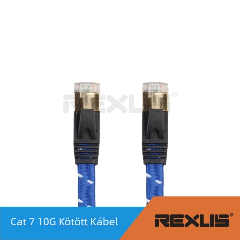 Cat7 sík, fonott, kettős árnyékolású hálózati kábel RJ-45 csatlakozóval, réz vezetők, sodrott párok, akár 10 Gbps
