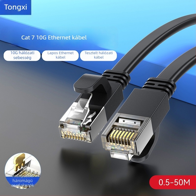 Cat7 10 Gbps kettős árnyékolású sík Ethernet-kábel, RJ-45, oxigénmentes réz