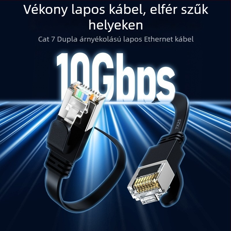 Cat7 10 Gbps kettős árnyékolású sík Ethernet-kábel, RJ-45, oxigénmentes réz