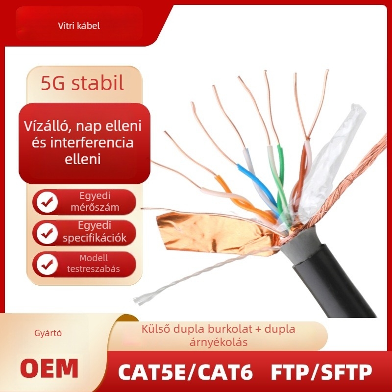 Kültéri Cat5e kettős árnyékolású hálózati kábel oxigénmentes rézvezetővel, alumínium-fóliás és szövött árnyékolással, 300 m hosszú, PoE-kompatibilis