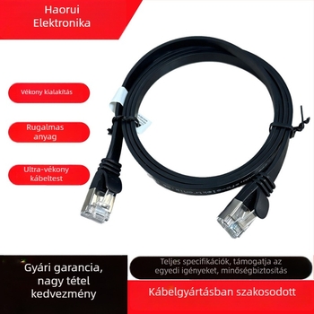 Cat 6 lapos Gigabit Ethernet-kábel RJ45 kristályfejes – 1 Gbps, lapos kialakítás, otthoni/irodai hálózathoz, üzemi hőmérséklet -20–60°C, tárolási -30–70°C, húzási szilárdság ≥10 MPa, nyomási szilárdság ≥10 MPa