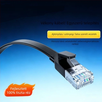 Cat 6 lapos Gigabit Ethernet-kábel RJ45 kristályfejes – 1 Gbps, lapos kialakítás, otthoni/irodai hálózathoz, üzemi hőmérséklet -20–60°C, tárolási -30–70°C, húzási szilárdság ≥10 MPa, nyomási szilárdság ≥10 MPa