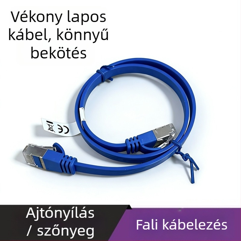 Cat 6 lapos Gigabit Ethernet-kábel RJ45 kristályfejes – 1 Gbps, lapos kialakítás, otthoni/irodai hálózathoz, üzemi hőmérséklet -20–60°C, tárolási -30–70°C, húzási szilárdság ≥10 MPa, nyomási szilárdság ≥10 MPa