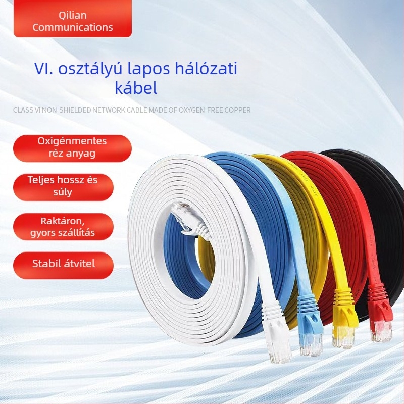 CAT6 lapos, nem árnyékolt gigabites Ethernet-kábel, oxigénmentes rézből, csavart érpár, beltéri használatra