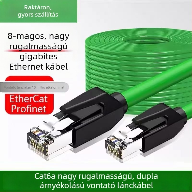 Ipari Cat6A Gigabit Ethernet-kábel Profinet és EtherCAT-támogatással, dupla árnyékolású, drag-chain kompatibilis, RJ-45, nagy rugalmasság