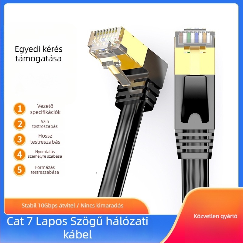 Cat7 RJ45 lapos, dupla árnyékolású hálózati kábel, 90° hajlítás, 10 Gbps, hossz egyedi igény szerint