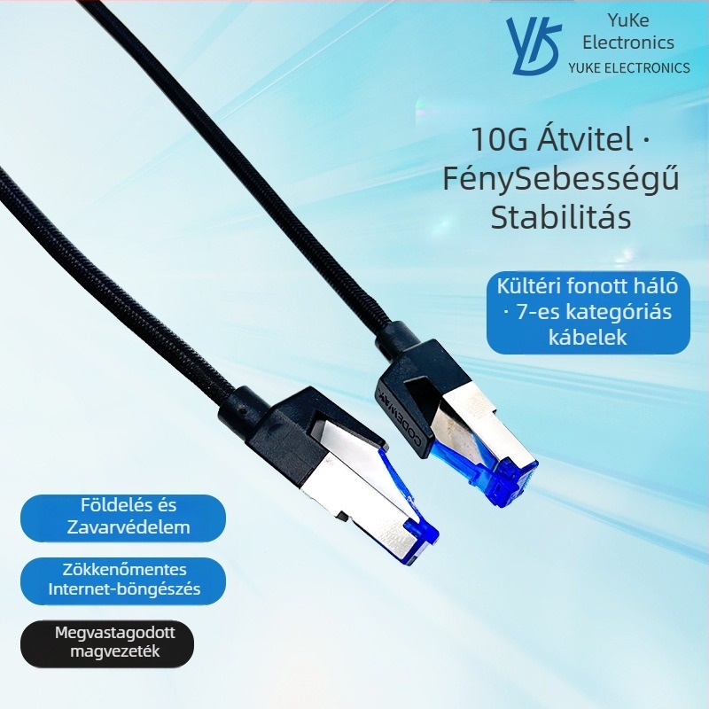 Cat7 kétszeresen árnyékolt RJ45 patch kábel, plietált külső burkolattal, nagy sebességre akár 10 Gbps