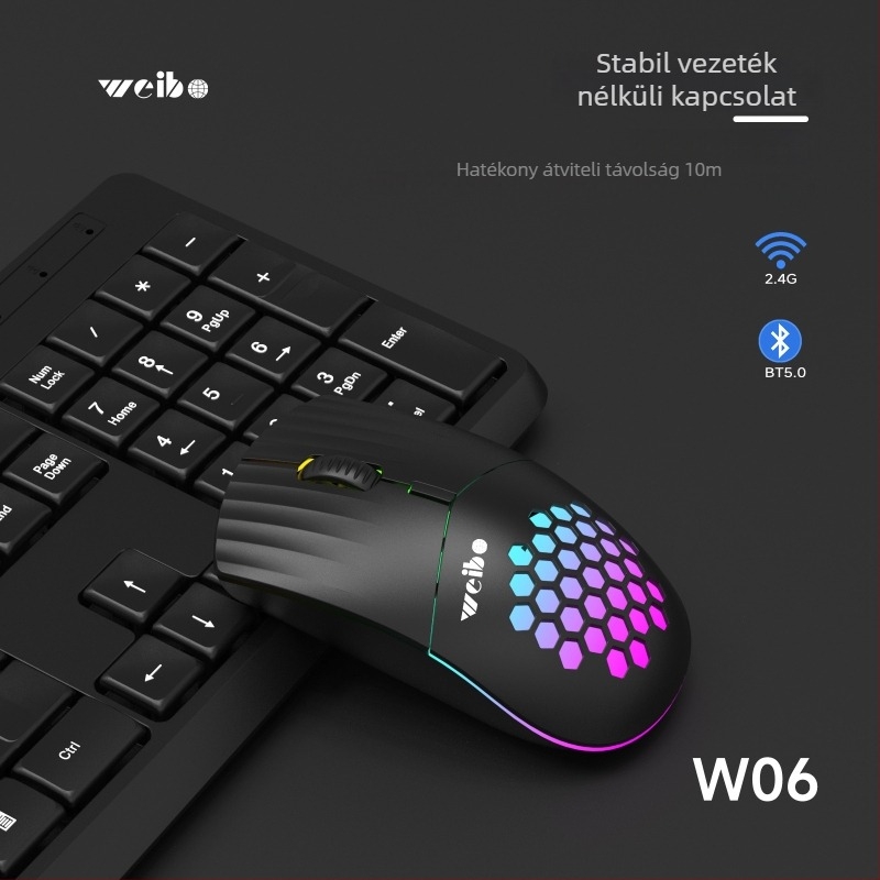 Weibo W06 fotóelektronikus egér, Bluetooth+2.4G vezeték nélküli, DPI 1600/2400/3200, 4 gomb