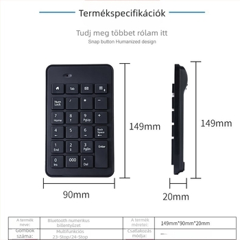 23 gombos vezeték nélküli numerikus billentyűzet, 2,4G-s vezeték nélküli, beépített USB vevő, modell K-23g, optikai felbontás 5600
