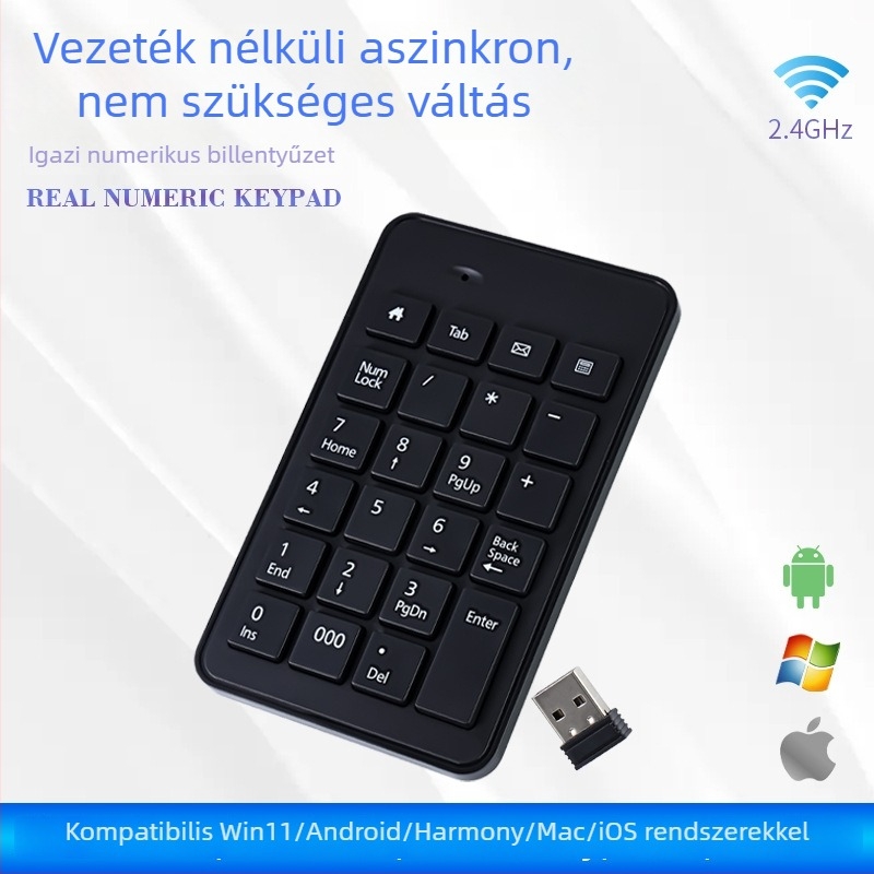 23 gombos vezeték nélküli numerikus billentyűzet, 2,4G-s vezeték nélküli, beépített USB vevő, modell K-23g, optikai felbontás 5600