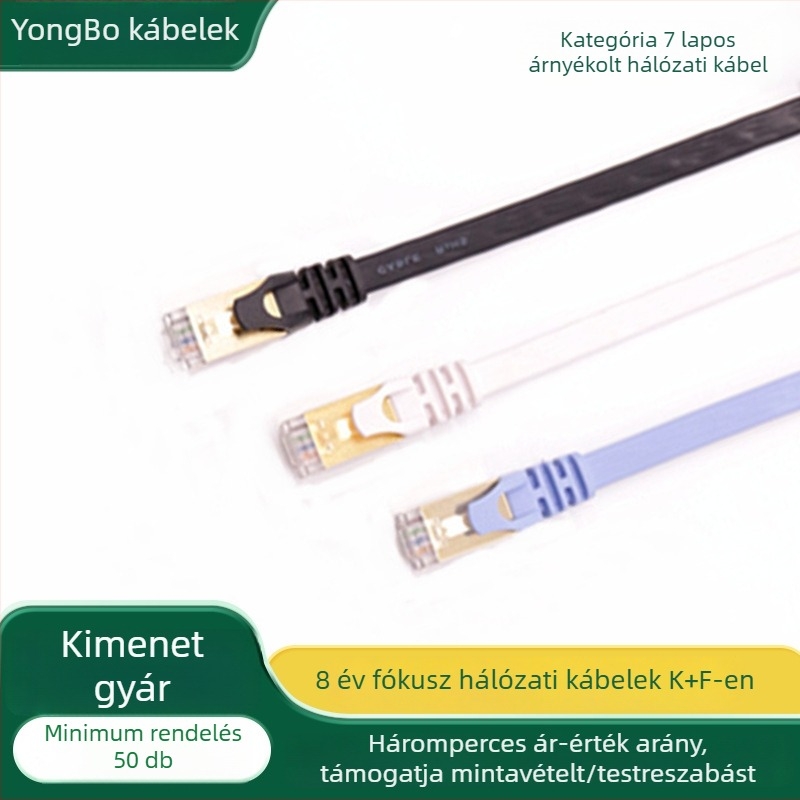 10G Cat7 lapos árnyékolt hálózati kábel RJ-45 csatlakozókkal számítógéphez és routerhez, 15 m