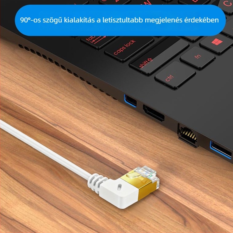 Cat7 hajlított hálózati kábel, dupla árnyékolás, 90°-os jobb szög, oxigénmentes réz, adatközpont patch kábel